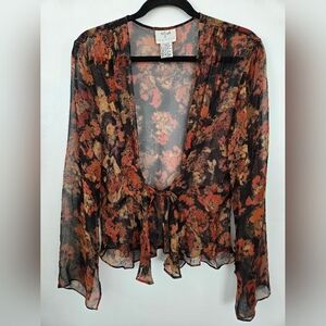Vision Apparel Bohemian Y2K Hippie sheer tie-front silk beaded blouse. Size XL.